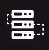 Icon of three horizontal server units connected by dotted lines on a black background.