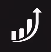 White bar chart with an upward arrow on a black background indicating growth or increase.
