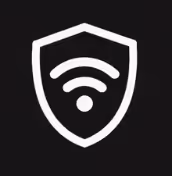 White shield icon with a Wi-Fi signal symbol inside on a black background.