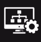 Icon of a computer screen displaying a network diagram with a gear symbol for settings.