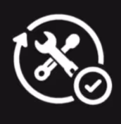 White crossed wrench and screwdriver inside a circular arrow with a checkmark on black background.