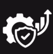 Icon of gear, shield with checkmark, and upward trending arrow symbolizing security and growth.