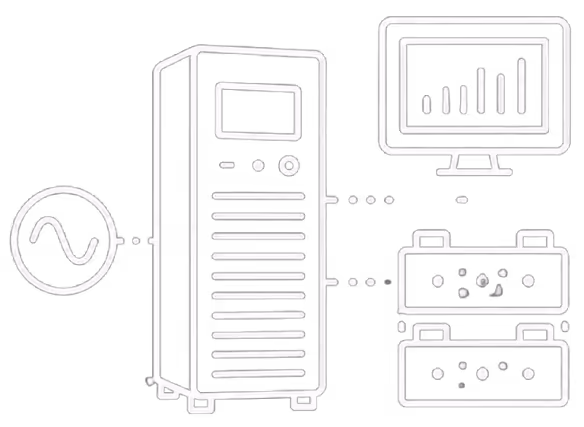 Icon of three horizontal server units connected by dotted lines on a black background.